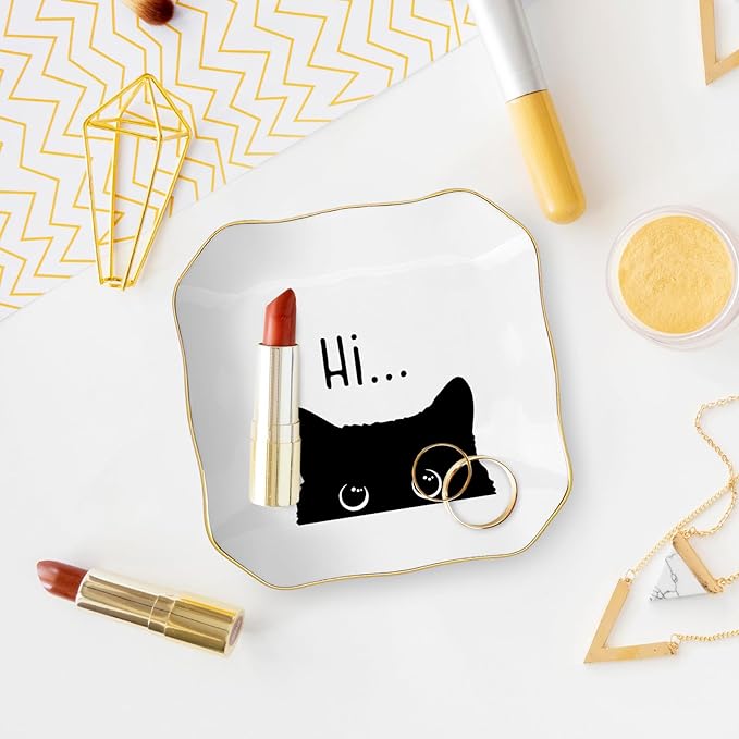 Cute Cat Themed Gifts, Ceramic Jewelry Dish Tray Holder, Trinket Dish, Funny Gifts for Cat Lover Owner Women Friend Birthday, Home Living Room Shelf Desk Table Decor