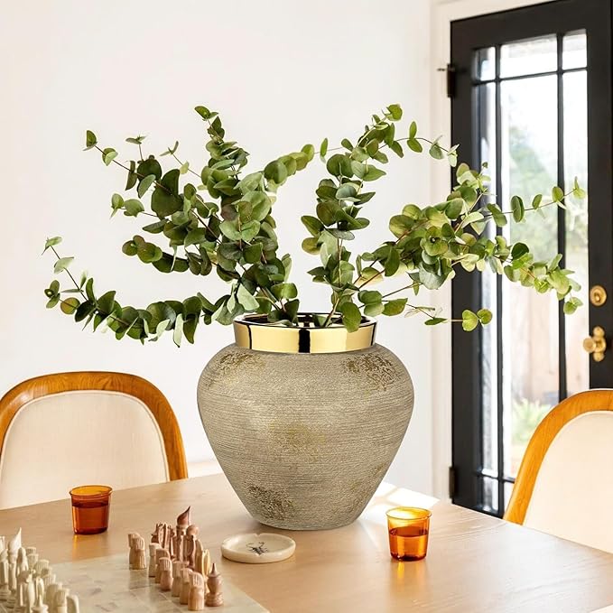 Rustic Ceramic Vase with Gold Rim – 9" Decorative Flower Vases for Living Room, Dining Table Centerpiece & Shelf Décor – Modern Farmhouse, Boho & Contemporary Home Accents