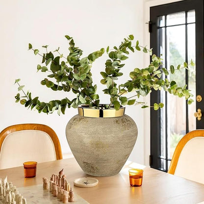 Rustic Ceramic Vase with Gold Rim – 9" Decorative Flower Vases for Living Room, Dining Table Centerpiece & Shelf Décor – Modern Farmhouse, Boho & Contemporary Home Accents