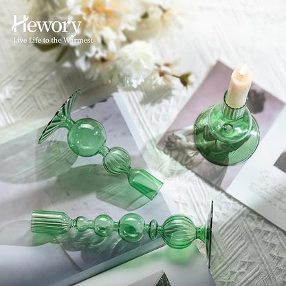 Hewory Glass Candlestick Holders Set: 3PCS Green Candle Holder Taper Candle Holders Bulk, Crystal Ribbed Candle Sticks Holder Decor for Table Centerpiece Wedding Christmas Thanksgiving Dinner