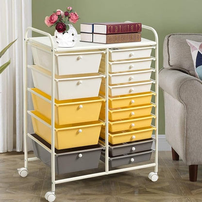 HAPPYGRILL 15-Drawer Rolling Cart, Storage Carts with Removable Drawers & Steel Frame, Utility Cart on Lockable Wheels for Home, School, Office, Yellow