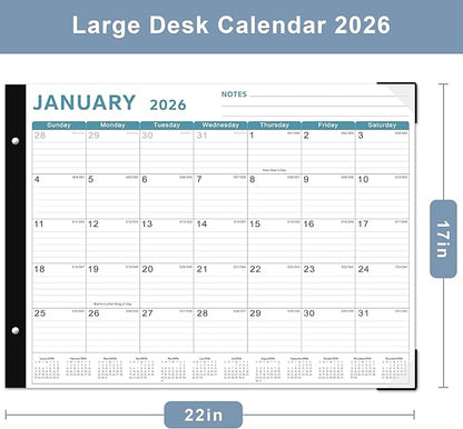 Desk Calendar 2026, KOPEESY 22" x 17" Large Desk Calendar, From January 2026 to June 2027, Desktop Calendar with Notes and Thick Paper for Home, Office and School (Blue)