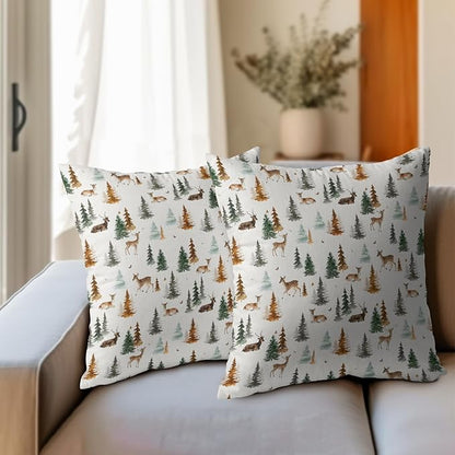 Watercolor Deer Spring Pillow Covers 16x16 Set of 2 Forest Tree Throw Pillow Covers Rustic Pillowcase Linen Decoration Farmhouse Soft Decorative Green Brown Cushion Case Couch for Indoor Home Decor