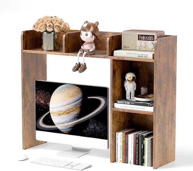 Desktop Bookshelf, 3-Tier Wood Countertop Bookcase with 5 Shelves, Desk Hutch for College Dorm, Multipurpose Desk Organizer Shelf Display Rack for Home Office, Hutch Top Only