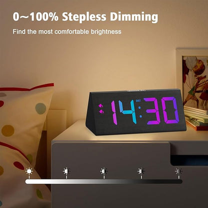 Wooden Digital Alarm Clock with Dual USB Charging Ports, DST, Dimmable, Snooze, RGB Colors, Modern Large Time Display LED Clock for Kids Bedrooms, Living Room, Desk, Table, Bedside, Nightstand (Black)