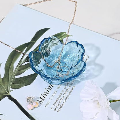 Small Blue Key Bowl Flower Glass Jewelry Dish Aesthetic Trinket Tray Engagement Wedding Ring Holder Plate Room Decor Dish Organizing Necklace Earrings