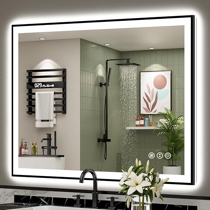 44x36 Inch Black Framed LED Bathroom Mirror with Lights, Backlit & Front Lit, Anti-Fog Lighted Vanity Mirrors for Bathroom Wall, Dimmable, 3-Color Light, Memory, Shatter-Proof, Tempered Glass