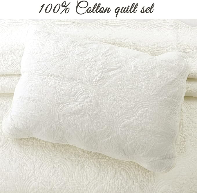 Cozy Line Home Fashions 100% Cotton Medallion Off White Matelasse Embossed Bedding Quilt Set, Reversible Lightweight Bedspread, Coverlet for All Season (Ivory, Oversized King - 3 Piece)