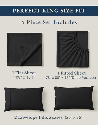 LANE LINEN 100% Organic Cotton Bed Sheets King Size, Soft & Comfy Fully Elasticized Percale Bedding Sheets & Pillowcase Set, Low Pilling Machine Washable King Sheet- Black Sheets