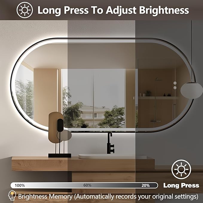 Niccy Oval LED Mirror for Bathroom, 55x28 Front Lit + Backlit Vanity Mirrors with Light Anti-Fog, Shatter-Proof, 3 Colors, Makeup Mirror with Old Black Frame (Horizontal/Vertical)