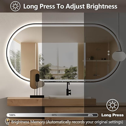 Niccy Oval LED Mirror for Bathroom, 55x28 Front Lit + Backlit Vanity Mirrors with Light Anti-Fog, Shatter-Proof, 3 Colors, Makeup Mirror with Old Black Frame (Horizontal/Vertical)