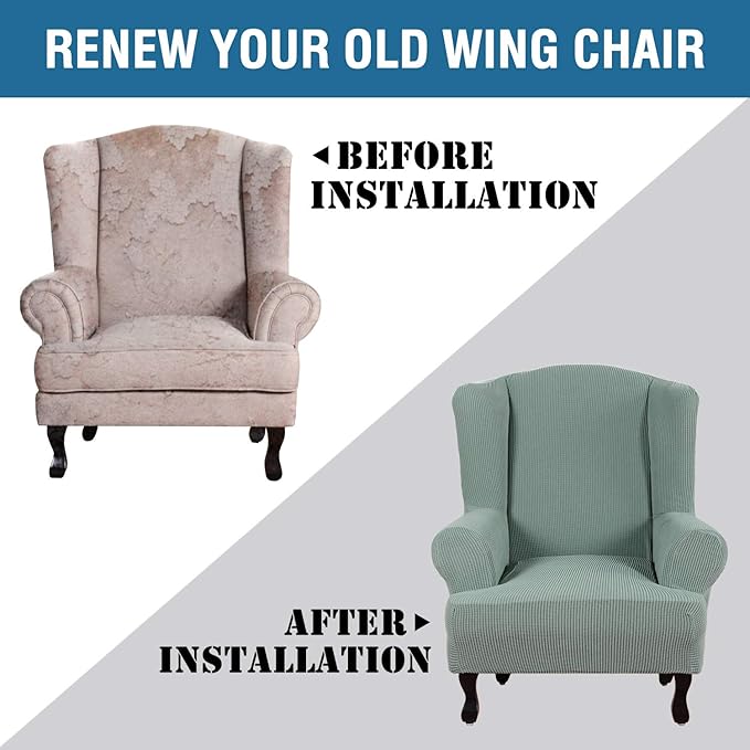 H.VERSAILTEX Wing Chair Slipcover Chair Covers for Wingback Chairs Wingback Chair Covers Slipcovers 1 Piece Stretch Sofa Cover Furniture Protector Soft Spandex Jacquard Checked Pattern, Sage