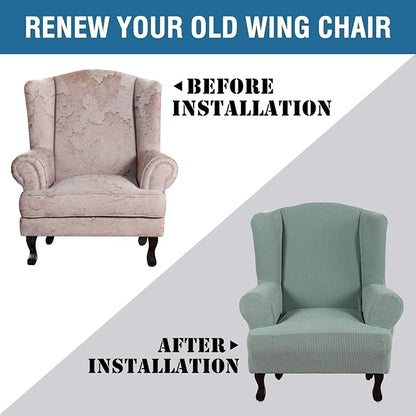 H.VERSAILTEX Wing Chair Slipcover Chair Covers for Wingback Chairs Wingback Chair Covers Slipcovers 1 Piece Stretch Sofa Cover Furniture Protector Soft Spandex Jacquard Checked Pattern, Sage