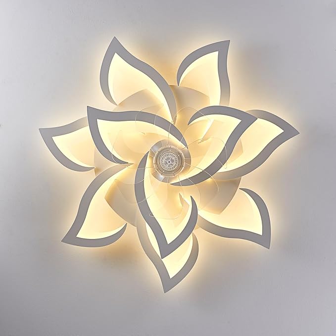 HuixuTe 32" Modern Geometric Ceiling Fan with Lights Remote Control, White 6 Speeds 3 Colors Low Profile Ceiling Fan with Light for Living Room
