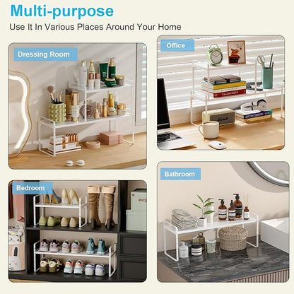 15.5 to 25.5 Inch Kitchen Cabinet Shelf Organizers, Adjustable Kitchen Counter Shelf Organizer, Set of 4 Expandable Countertop Storage Shelves, Stackable Design, 30LBS Heavy Duty, Space Saver