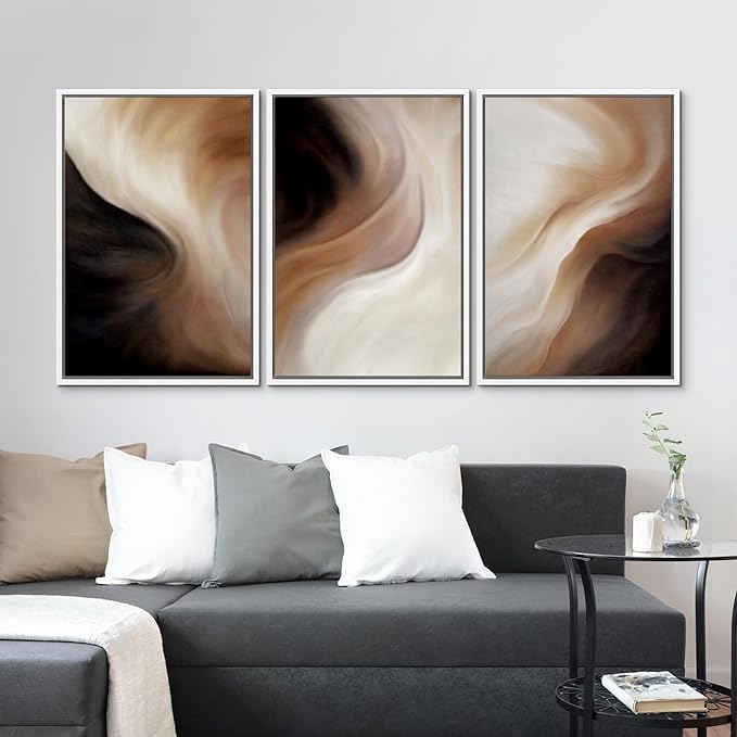 MUDECOR Framed Canvas Print Wall Art Abstract Neutral Brown and Beige Fluid Illustrations Realism Decorative for Living Room, Bedroom, Office - 16"x24"x3 White