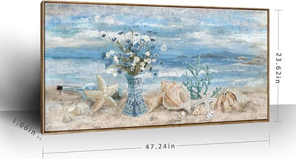 Framed Wall Art for Living Room Blue Ocean Seaside Landscape Beach Picture Coastal Canvas Print Abstract Seascape Painting Daisy Flower in Indian Vase Sea View Artwork for Home Decor 48" W x 24" H