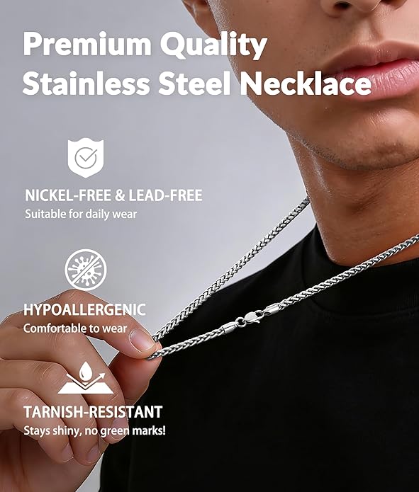 Jewlpire 4mm Wheat Chain Necklace for Men, Silver Tone/Black/14K Gold Plated Stainless Steel Necklace Chain, Mens Chains Necklaces 16 18 20 22 24 26 Inch