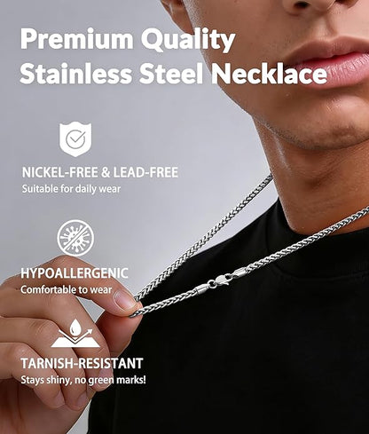 Jewlpire 4mm Wheat Chain Necklace for Men, Silver Tone/Black/14K Gold Plated Stainless Steel Necklace Chain, Mens Chains Necklaces 16 18 20 22 24 26 Inch