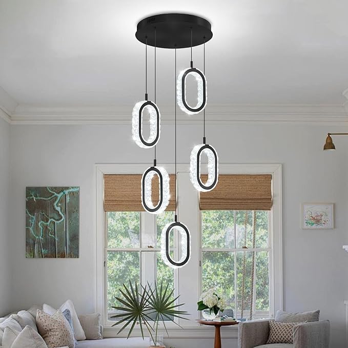 Dimmable Rings Chandelier for Staircase, Black Crystal Ring Chandelier High Ceiling 5-Light Oval Ring Pendant Light for Living Room,Hallway, Entryway, Bedroom