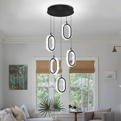 Dimmable Rings Chandelier for Staircase, Black Crystal Ring Chandelier High Ceiling 5-Light Oval Ring Pendant Light for Living Room,Hallway, Entryway, Bedroom