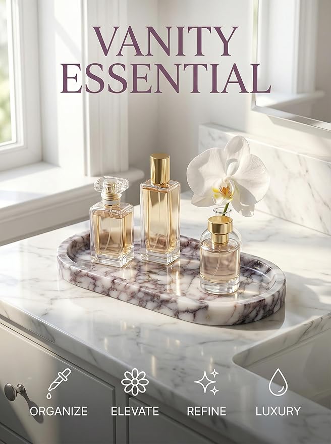 OOBOOB Natural Calacatta Viola Violet Marble Tray, Oval Perfume Tray, Bathroom Organizer for Vanity, Kitchen & Living Room, Perfect for Home Decor Lovers