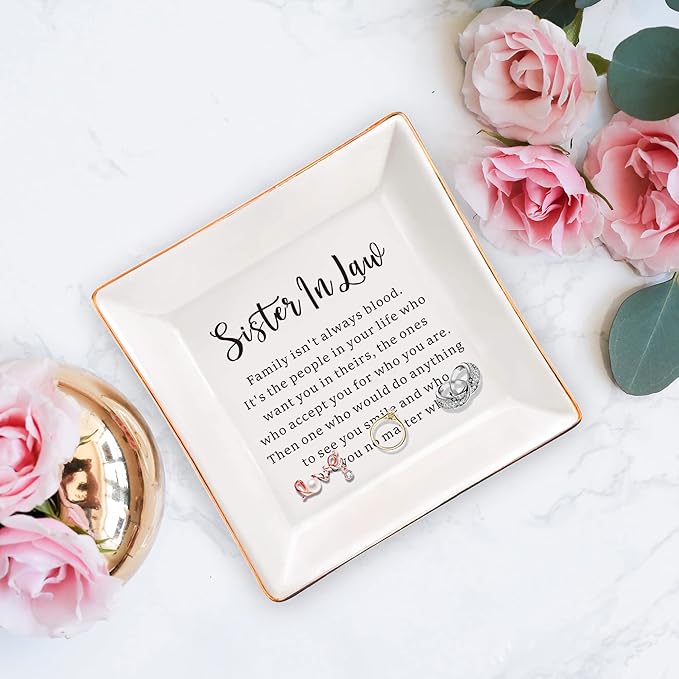 SUNBMO Sister In Law Ceramic Jewelry Dish, Sister In Law Wedding Gift, Sister In Law from Sister Brother In Law, Birthday Mother's Day Gift for Sister In Law from Sister