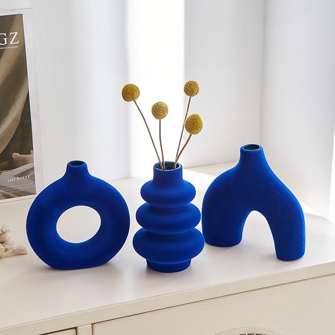 Ceramic Navy Blue Vase Set of 3, Small Flower Vases for Pampas Grass, Modern Boho Vase for Decor, Flocked Navy Blue Round Vases Centerpieces for Wedding Living Room Bedroom Coffee Table Entryway Table