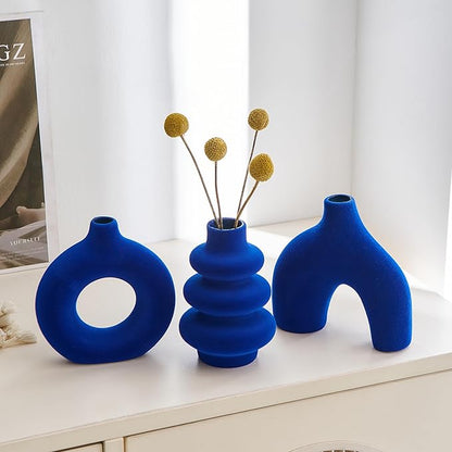 Ceramic Navy Blue Vase Set of 3, Small Flower Vases for Pampas Grass, Modern Boho Vase for Decor, Flocked Navy Blue Round Vases Centerpieces for Wedding Living Room Bedroom Coffee Table Entryway Table