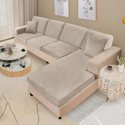 NAISI Sectional Couch Covers 8 Pieces Velvet Couch Cushion Covers L Shape Soft Stretch Sofa Slipcovers with 2pcs Pillowcases for Left/Right Chaise Sectional Couch(3 Seater+1 Chaise+4 Back,Taupe)