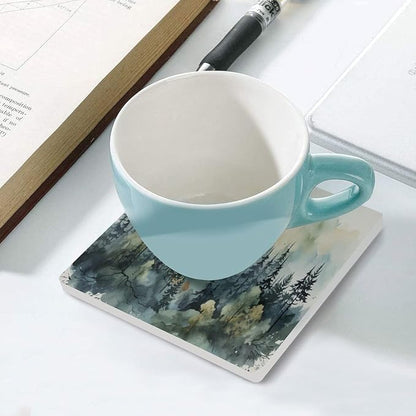 Forest Drink Coasters, Square Ceramic Drink Coaster 4PCS, Watercolor Style Nature Mountain Woodland Green Forest Flying Birds Decor Absorbent Ceramic Coasters for Beverage Cup, Bar, Coffee Table