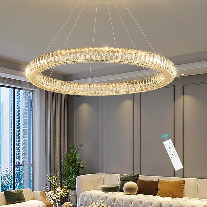 Modern Ring Chandelier LED Dimmable Living Room Chanderliers Entryway High Ceiling Crystal Ring Pendant Lights for Dining Room Bedroom Gold Interior Light