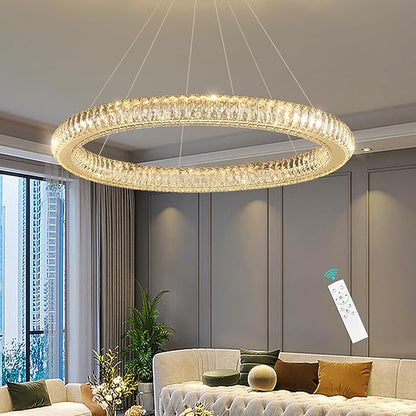 Modern Ring Chandelier LED Dimmable Living Room Chanderliers Entryway High Ceiling Crystal Ring Pendant Lights for Dining Room Bedroom Gold Interior Light