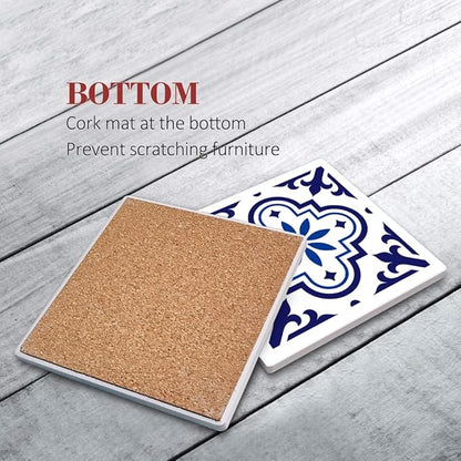 Coasters for Drinks Set of 6, Navy Blue Ceramic Tiles Geometric Pattern Absorbent Square Ceramic Stone Mat, with Cork Base and Metal Holder, Gift for Housewarming Room Bar Decor