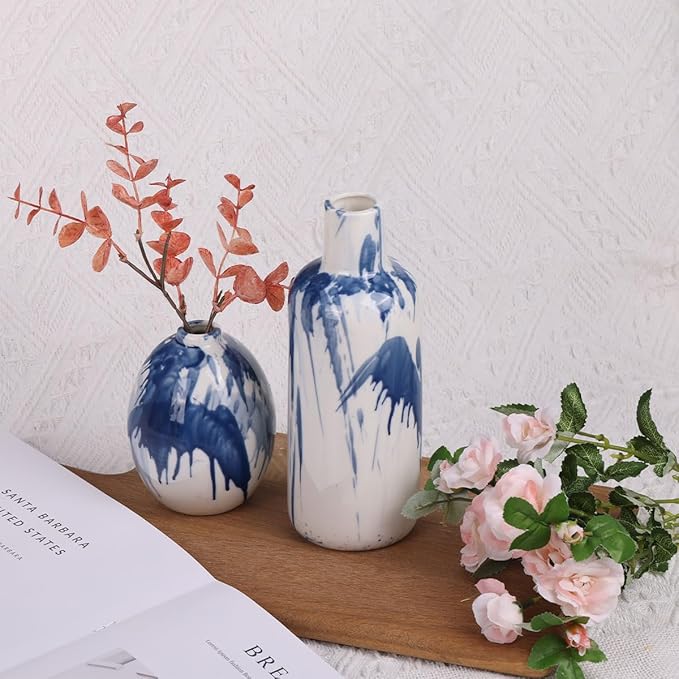 Set of 5 Blue and White Ceramic Small Bud Vases - Modern Farmhouse Navy Blue Decorative Vases for Home, Office, Living Room, Table Decor - Ideal Centerpieces for Flowers, Shelf and Fireplace Accents