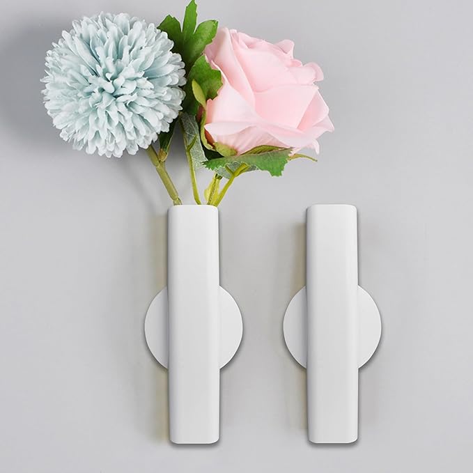 7" Wall-Mounted Flower Tube, Top/Bottom Open Vase, Wall Metal Flower Tube Decoration Holder for Flower Display, Home Office Living Room Bedroom Decoration with Adhesive Material, 2pcs(White)