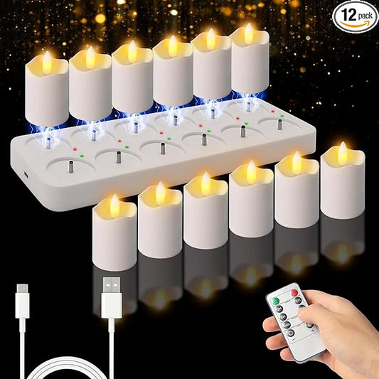 Rechargeable Tea Lights Candles with Remote Timer, 2" x 2.1" Flameless LED Candles with USB Charging Base, Small Votive Candle Electric Fake Candle for Wedding Table Decor Dining (12 Pack)