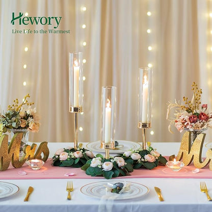 Hewory Gold Candle Holders Hurricane Candlestick Holders, 12Pcs Candle Stick Candle Holder Candelabra, Taper Candle Holders with Glass Candle Cover for Wedding Table Centerpiece Christmas Decor