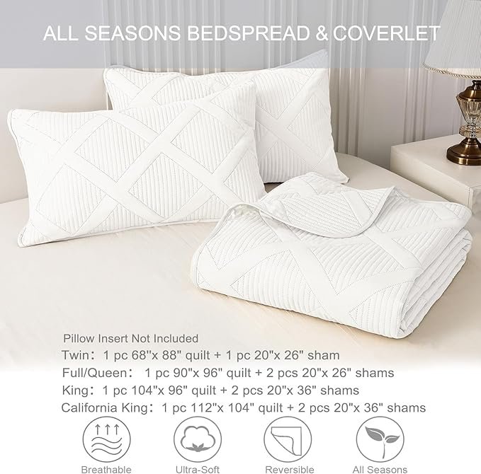 Exclusivo Mezcla Twin Size Quilt Set - White Quilts Bedding Set with 2 Pillow Shams, Modern Bedspread with Striped Pattern, Soft Lightweight Bedspreads Coverlets for All Seasons