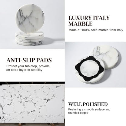 Koville Marble Coaster Set of 4, Round Coasters, 4" Stone Coaster for Drinks Coffee, Marble Coasters for Coffee Table Home Bar Decor, Heat Resistant, Gift Choice(Arabescato)