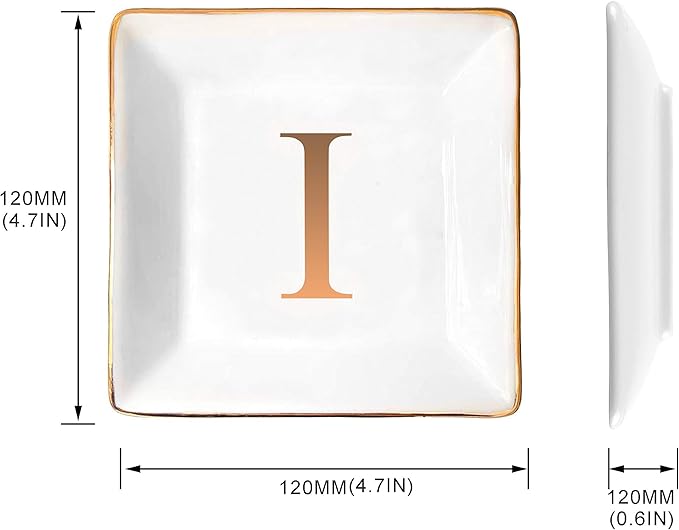 ANOTION Jewelry Tray Ring Dish with Ini-tial Gift- Personalized Trinket Dish and Jewelry Dish with Gold Initials Key Bowl Ceramic Holder, Unique Wedding or Engagement Present