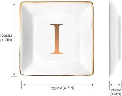 ANOTION Jewelry Tray Ring Dish with Ini-tial Gift- Personalized Trinket Dish and Jewelry Dish with Gold Initials Key Bowl Ceramic Holder, Unique Wedding or Engagement Present