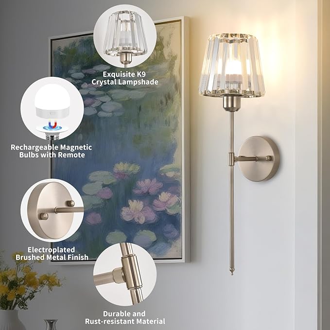 Battery Operated Crystal Wall Sconce Set of 2, Brushed Nickel Wireless Wall Light with Remote Control, LED Dimmable 15 Colors USB Rechargeable Light Bulbs Wall Lamp for Bedroom Living Room Hallway