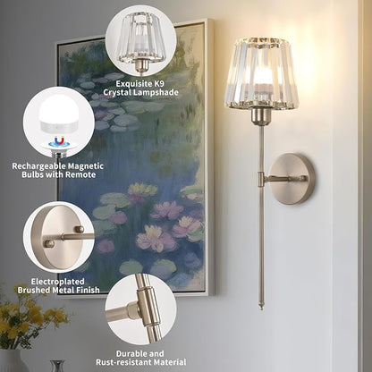 Battery Operated Crystal Wall Sconce Set of 2, Brushed Nickel Wireless Wall Light with Remote Control, LED Dimmable 15 Colors USB Rechargeable Light Bulbs Wall Lamp for Bedroom Living Room Hallway