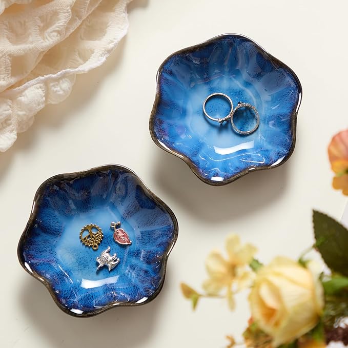 8 Pcs Ceramic Trinket Dish Lotus Leaf Jewelry Tray Small Ring Dish for Earrings, Rings, Jewelry Holder, Key Bowl(Blue)