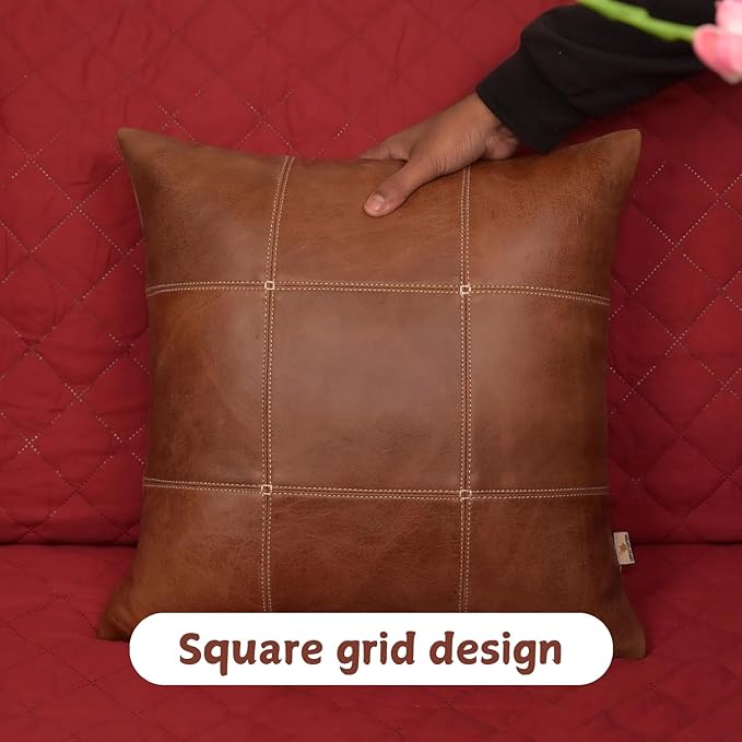 Genuine Lambskin Leather Pillow Cover, 22x22 Inch Case for Lumbar Throw Couch Pillows, Thick & Soft Cushion Covers for Sofa Bed Home Décor (Square Grid Antique Brown Pack of 1)