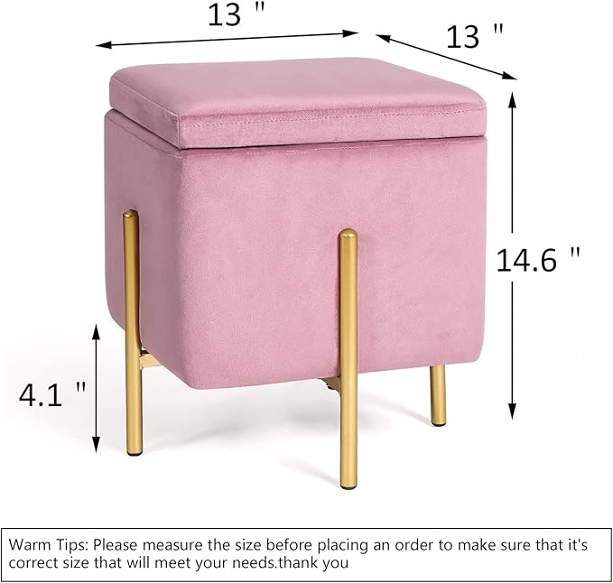 Adeco Upholstered Tufted Square Storage Ottomans, Pink Modern Velvet Footrest Ottomans with Storage for Couch Small