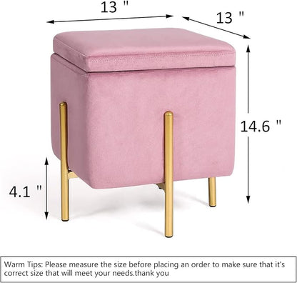 Adeco Upholstered Tufted Square Storage Ottomans, Pink Modern Velvet Footrest Ottomans with Storage for Couch Small