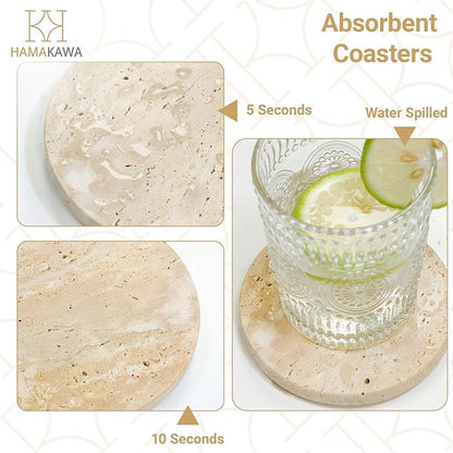 Real Natural Travertine Coasters Set of 4, Round Beige Marble Stone 4 inch, Modern Drink Coasters for Home Decor, Coffee Table, Office