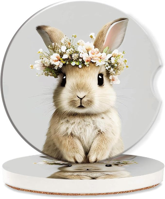 Easter Bunny Car Cup Holder Coaster,Cute Animal Rabbit Car Coasters for Cup Holder,2 PCS Absorbent Insert Ceramic Car Assecories with Cork Back & Finger Notch for Women Men